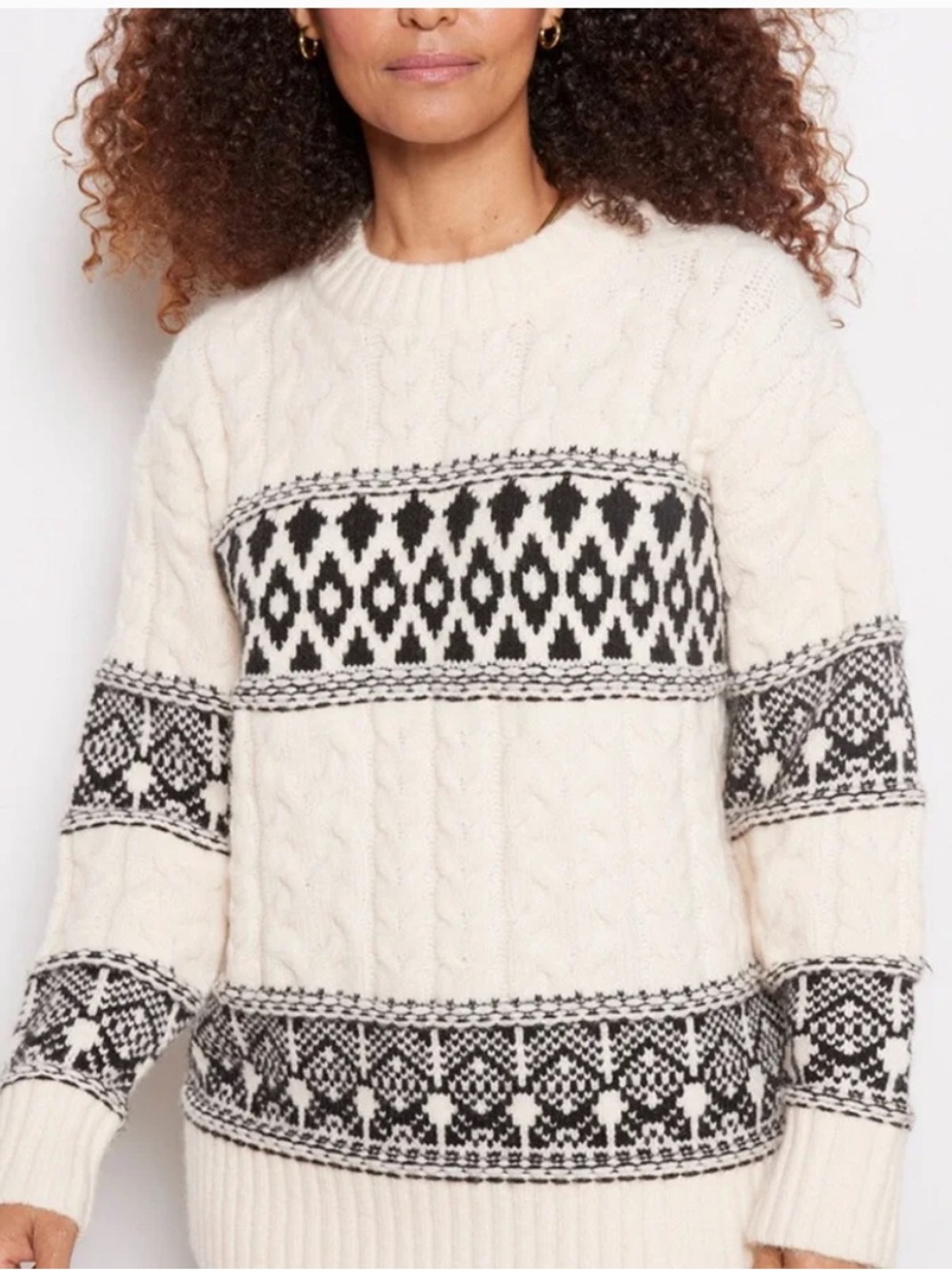 Line & Dot Montana Fair Isle Cable Knit Sweater Cream Black S